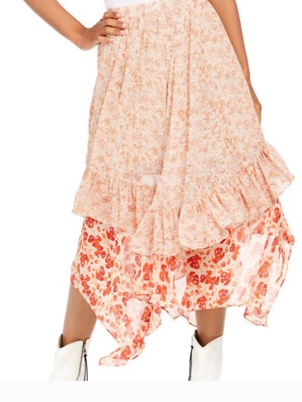 Free People Size 4 Zuma Drippy Boho Cottage Floral Tiered Midi Skirt in Pink - Picture 5 of 14